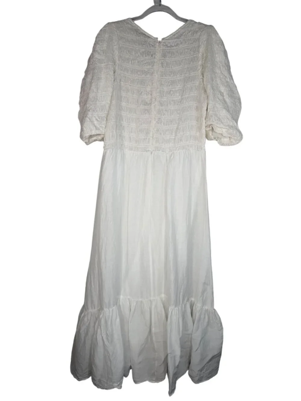 Sea New York Smocked Tiered Maxi Dress Puff Sleeves Linen Blend White Sz Medium